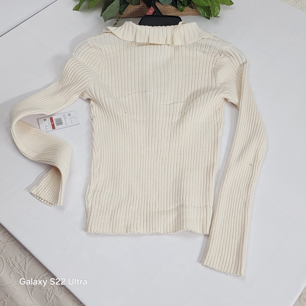 Cream Ribbed Button-Front Long Sleeve Top - Picture 6 of 7